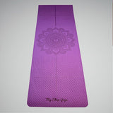 Jukkal XL - Tapis de Yoga TPE double couche -  vue de face violet déroulé avec lignes de positions et mandala - My Shop Yoga